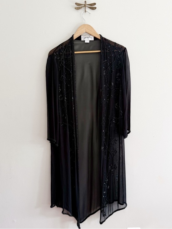 Vintage Jackets & Blazers - Parisline 90s Sheer Black Beaded Evening Long Duster Jacket Medium